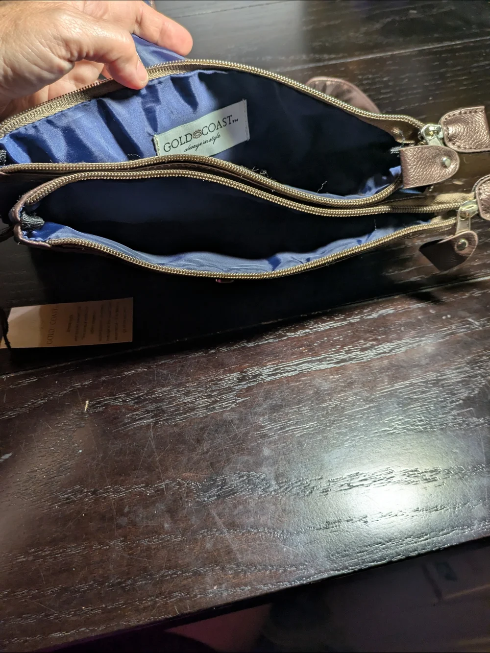 Gold Coast Denim Handbag Bag And Matching Watch - Blue with Brown Trim